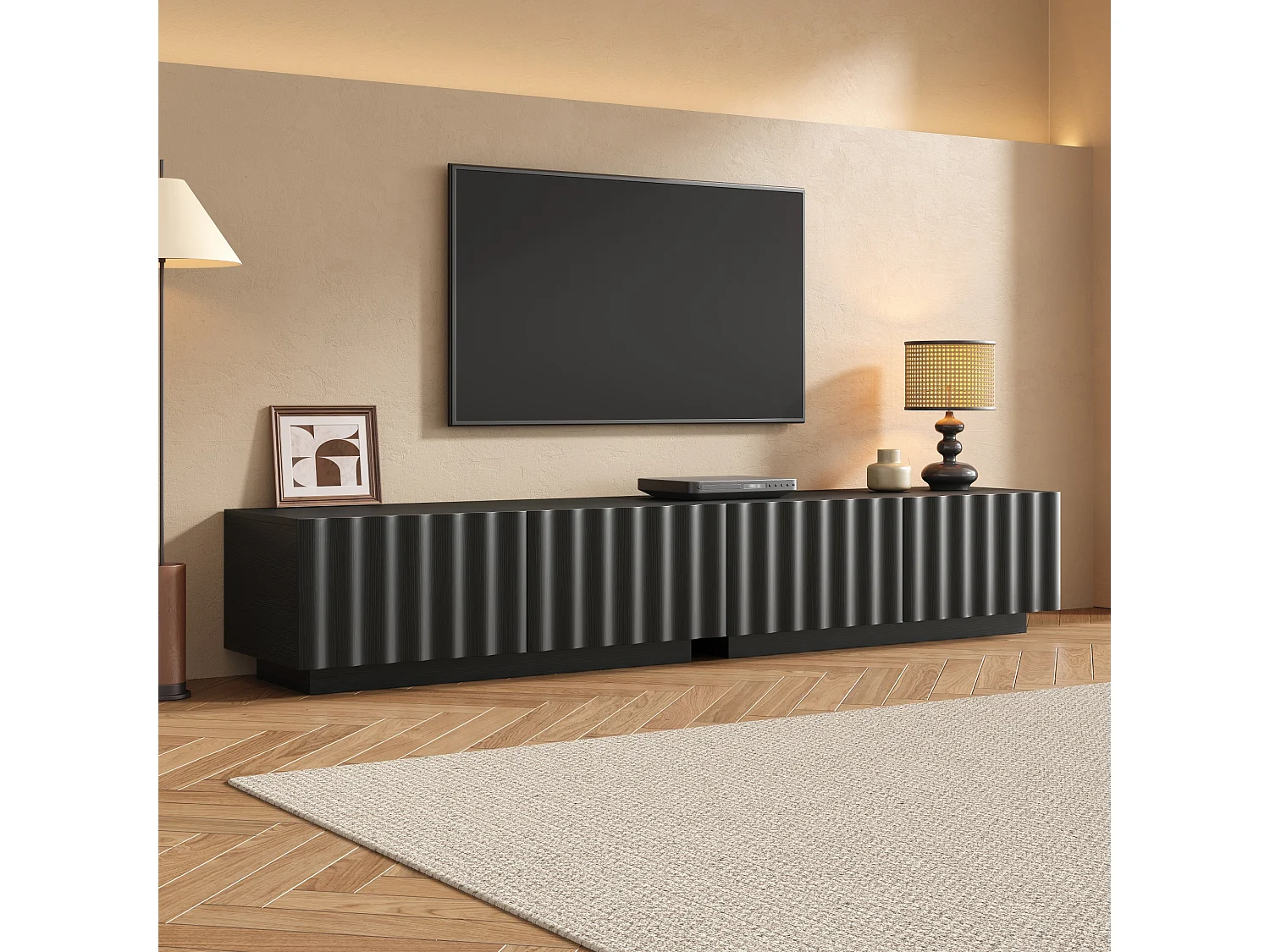 Moderne lage tv-standaard met golvende voorkant - 200 x 40 x 35 cm - met lades - voor de woonkamer - MDF + spaanplaat - zwart