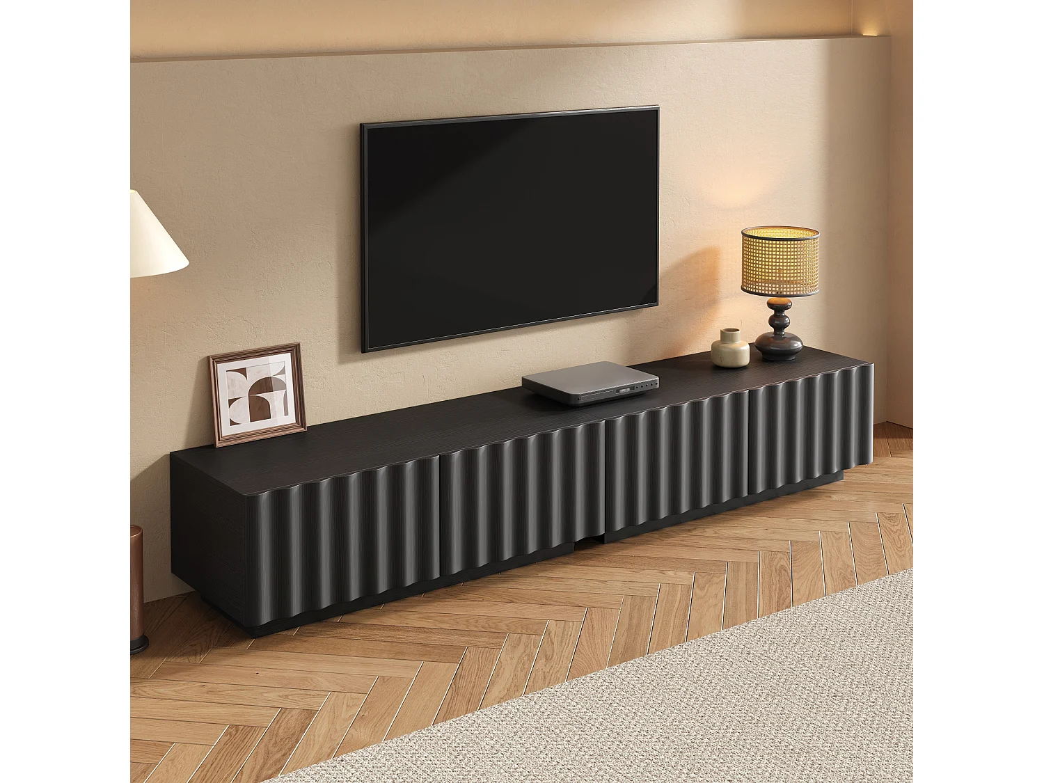 Moderne lage tv-standaard met golvende voorkant - 200 x 40 x 35 cm - met lades - voor de woonkamer - MDF + spaanplaat - zwart