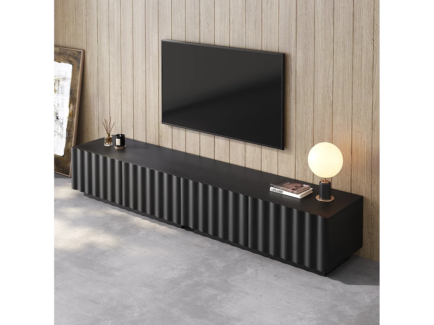 Moderne lage tv-standaard met golvende voorkant - 200 x 40 x 35 cm - met lades - voor de woonkamer - MDF + spaanplaat - zwart