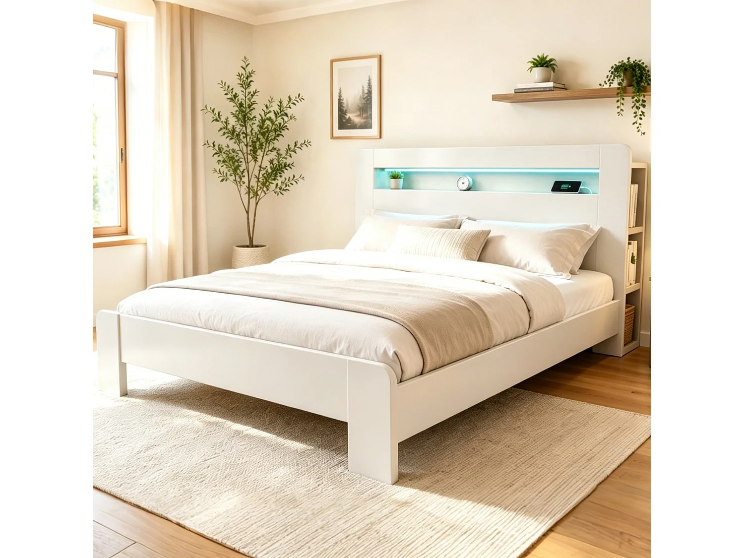 Modernes Holzplattformbett – 180 x 200 cm – mit Stauraum im Kopfteil, LED-Beleuchtung und Steckdosen – weiß