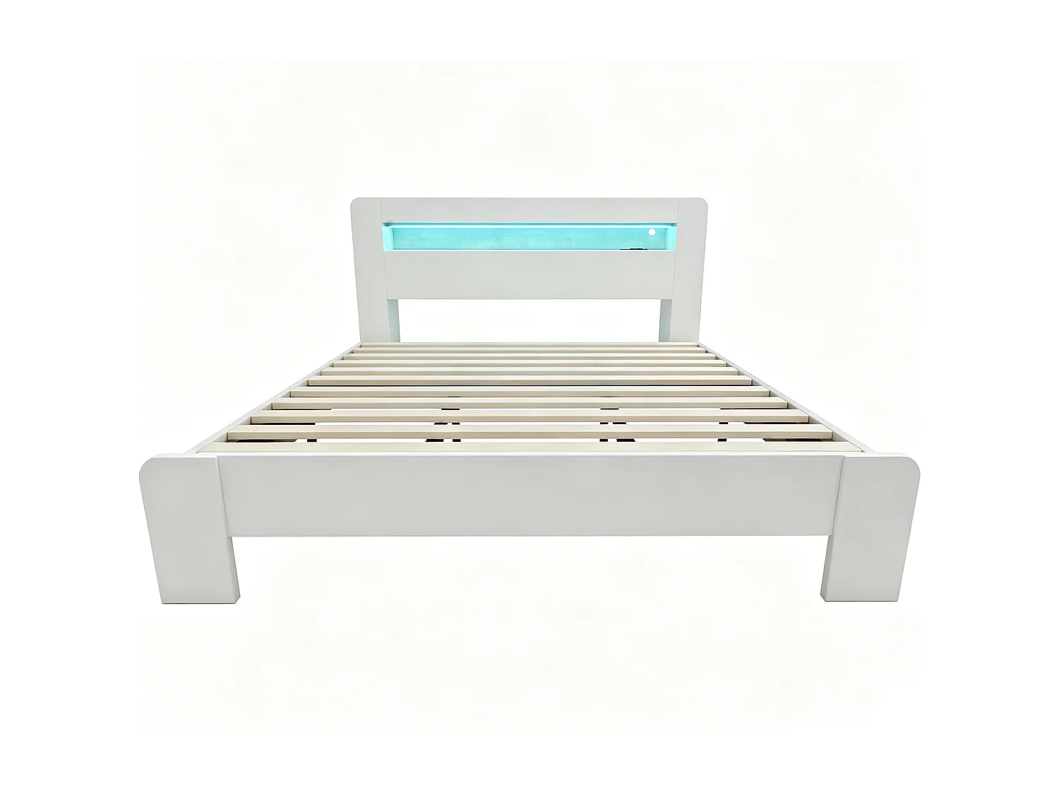 Modernes Holzplattformbett – 180 x 200 cm – mit Stauraum im Kopfteil, LED-Beleuchtung und Steckdosen – weiß