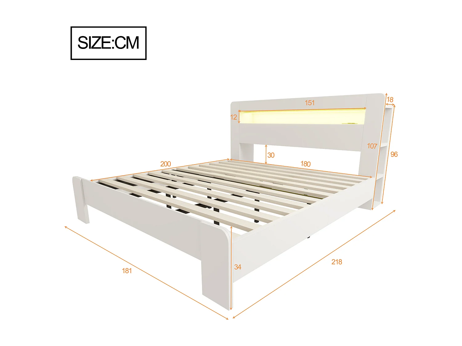 Modernes Holzplattformbett – 180 x 200 cm – mit Stauraum im Kopfteil, LED-Beleuchtung und Steckdosen – weiß