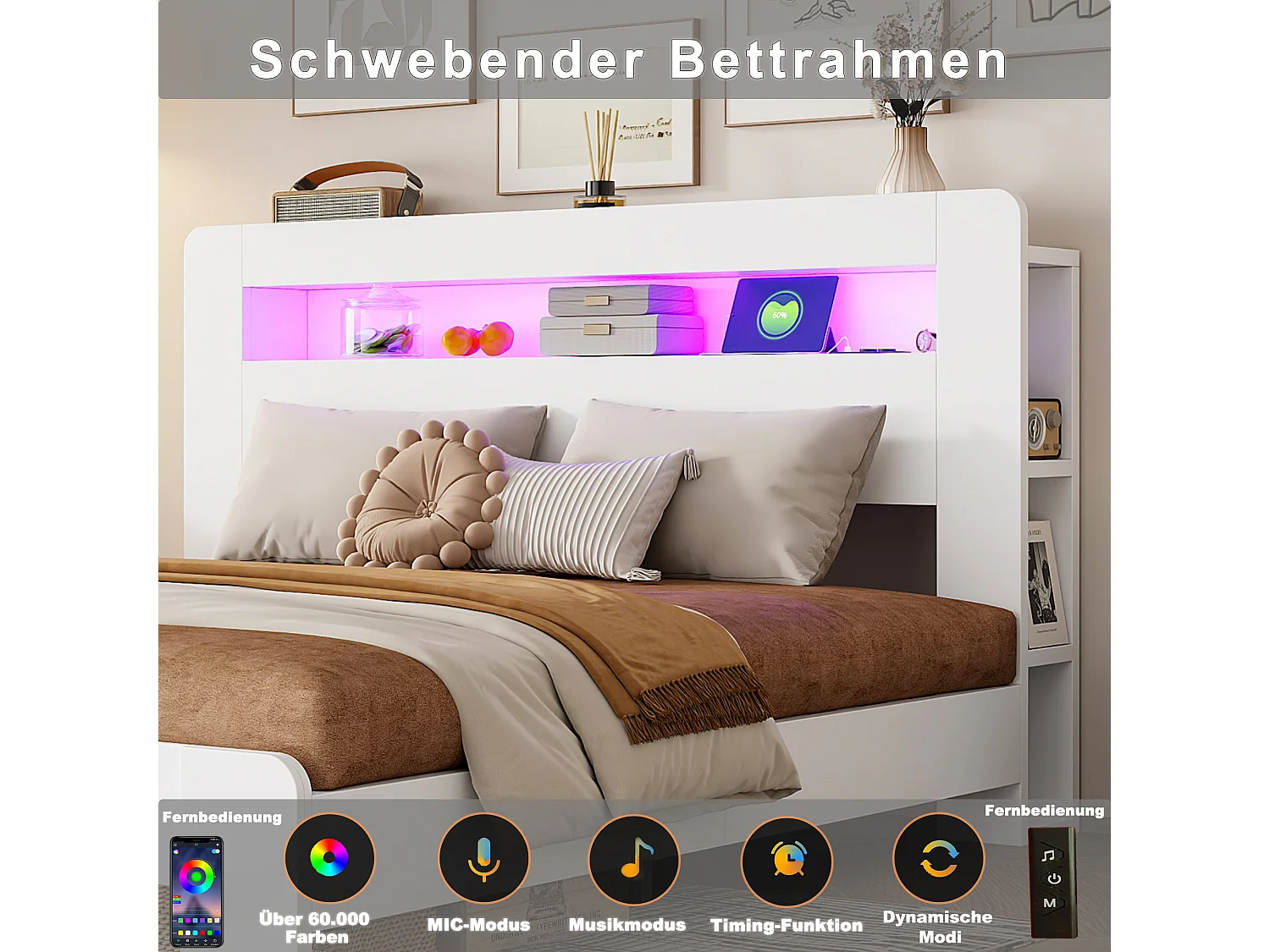 Modernes Holzplattformbett – 180 x 200 cm – mit Stauraum im Kopfteil, LED-Beleuchtung und Steckdosen – weiß