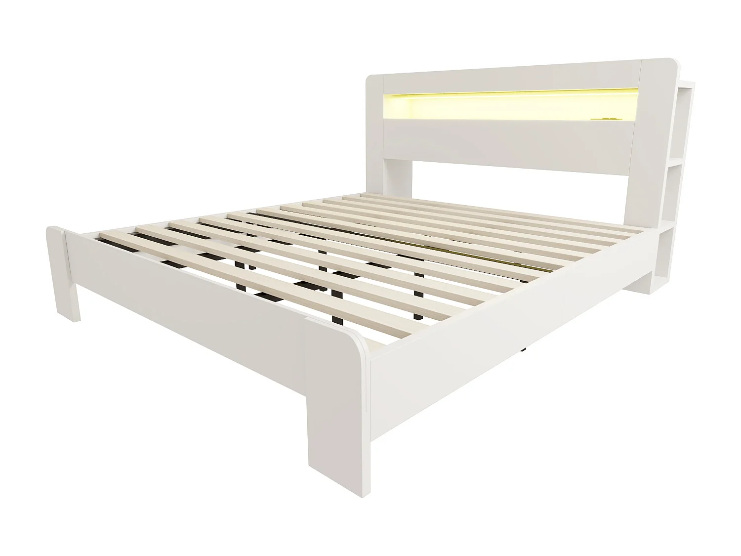 Modernes Holzplattformbett – 180 x 200 cm – mit Stauraum im Kopfteil, LED-Beleuchtung und Steckdosen – weiß