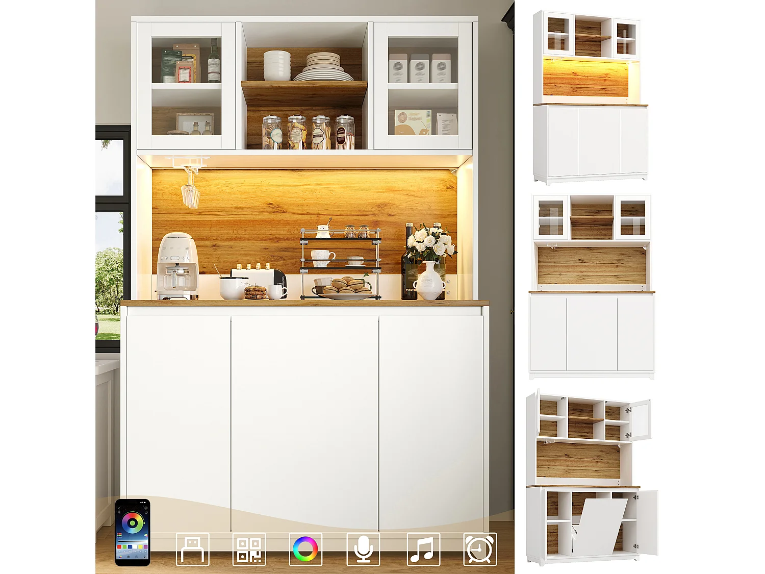 Buffet haut de cuisine - 120 x 40 x 180 cm - avec portes en acrylique + Leds - MDF + métal - blanc