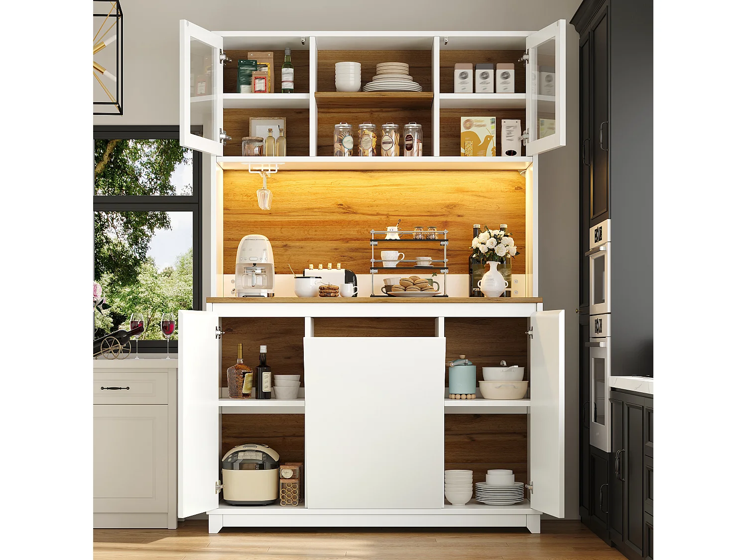 Buffet haut de cuisine - 120 x 40 x 180 cm - avec portes en acrylique + Leds - MDF + métal - blanc