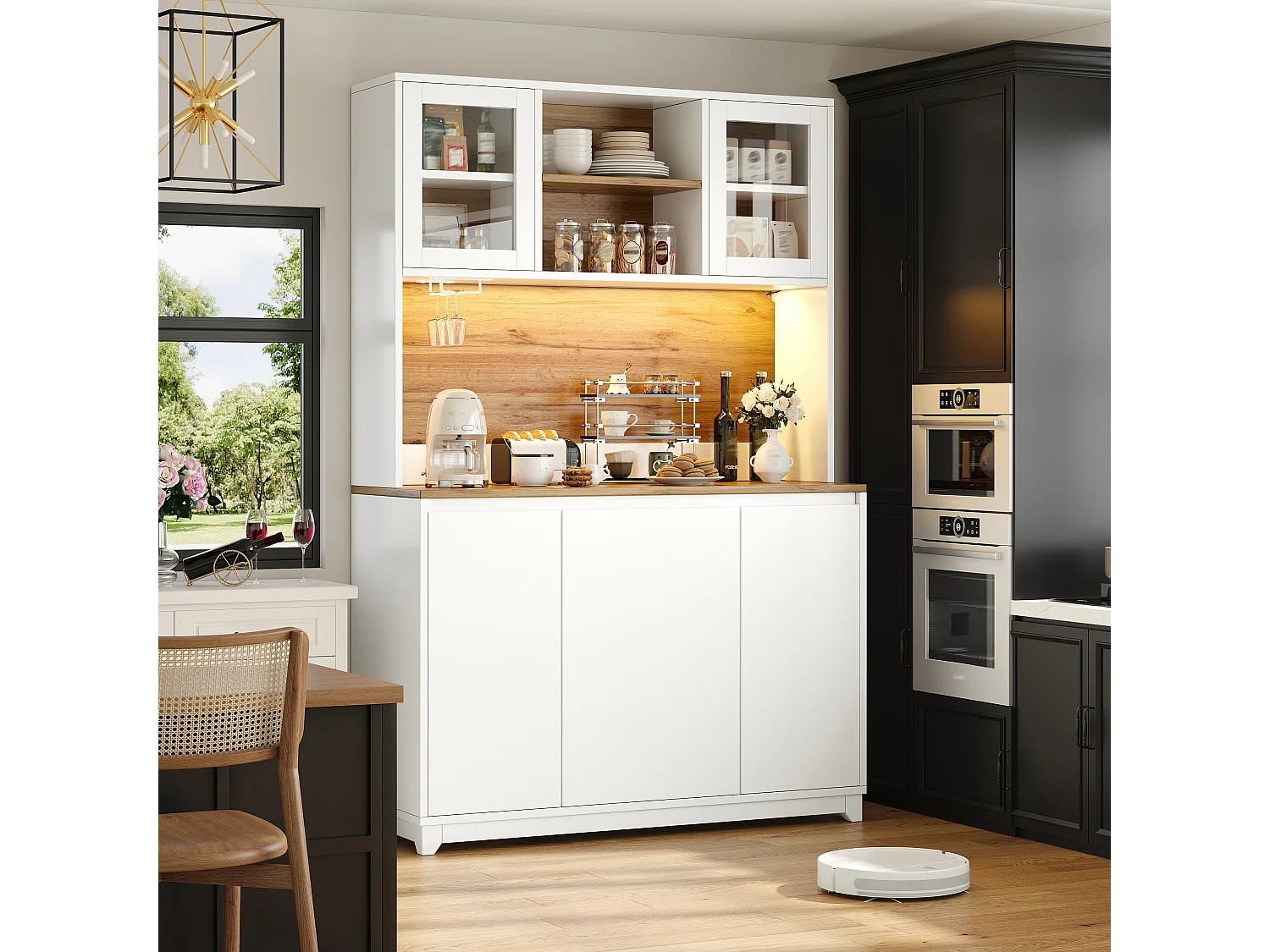 Buffet haut de cuisine - 120 x 40 x 180 cm - avec portes en acrylique + Leds - MDF + métal - blanc