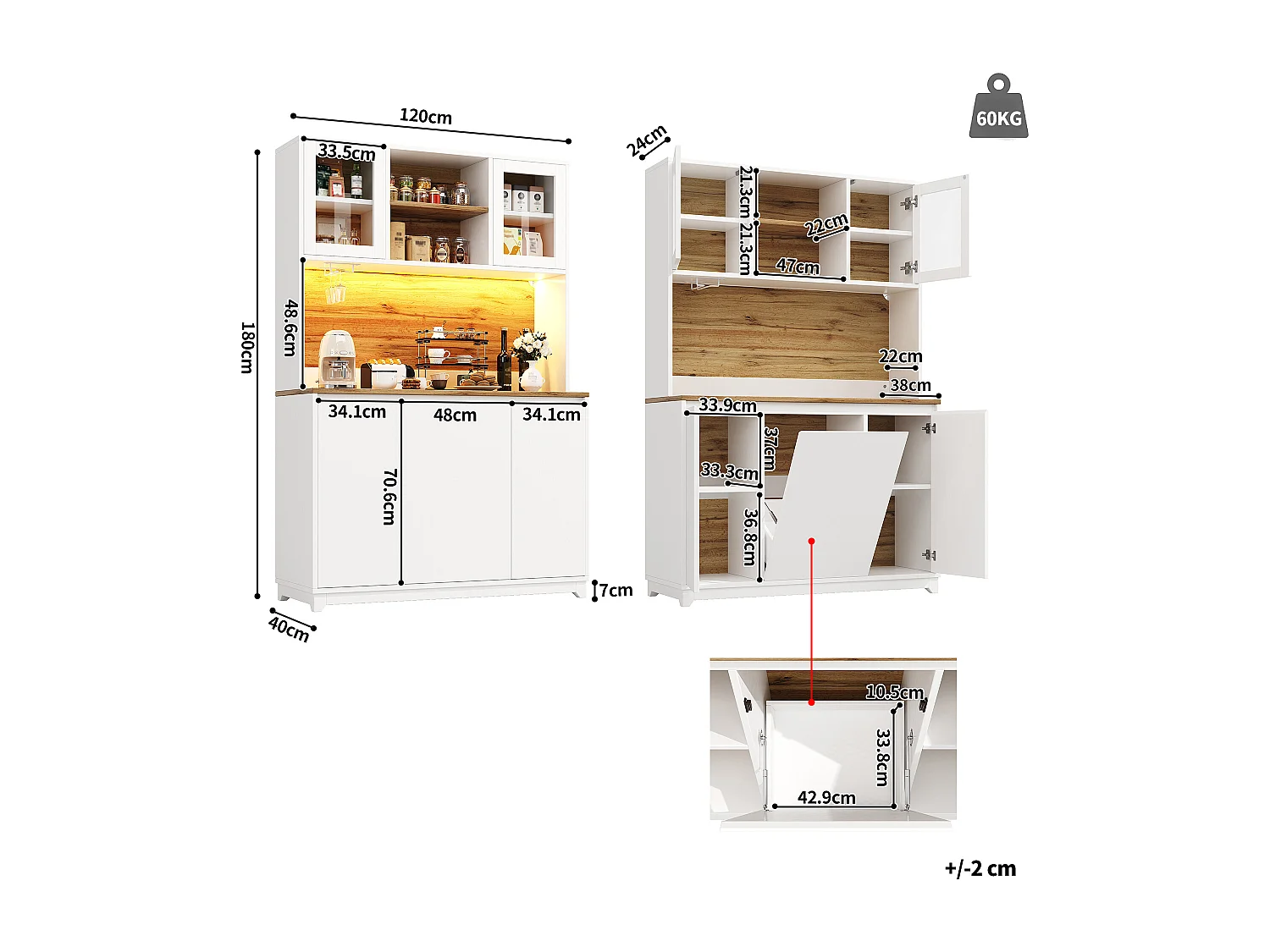 Buffet haut de cuisine - 120 x 40 x 180 cm - avec portes en acrylique + Leds - MDF + métal - blanc