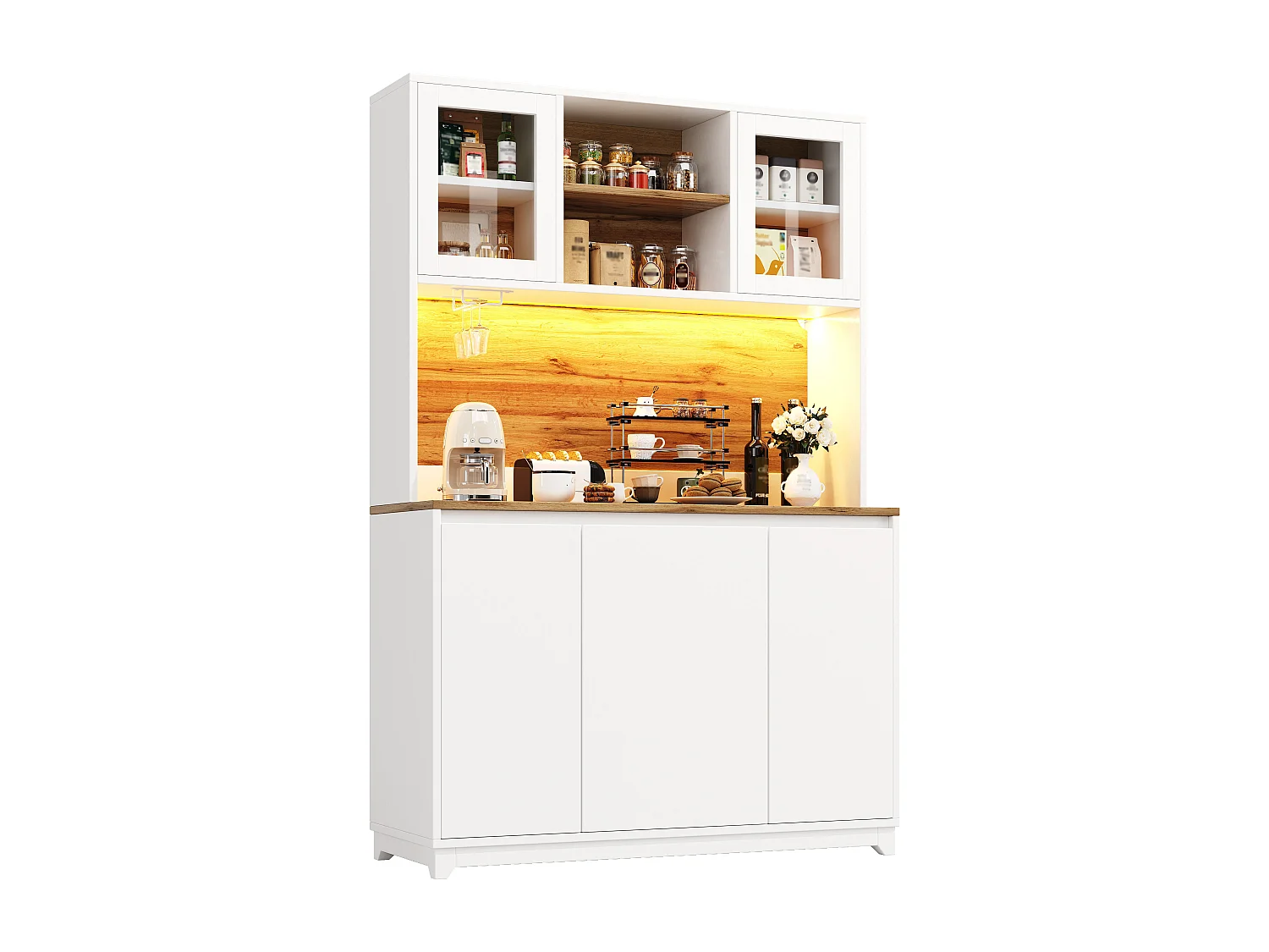 Buffet haut de cuisine - 120 x 40 x 180 cm - avec portes en acrylique + Leds - MDF + métal - blanc