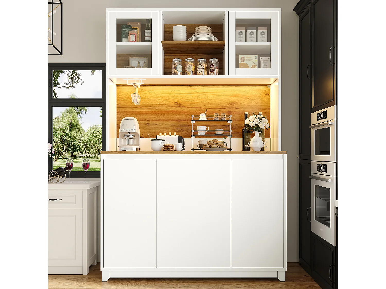 Buffet haut de cuisine - 120 x 40 x 180 cm - avec portes en acrylique + Leds - MDF + métal - blanc