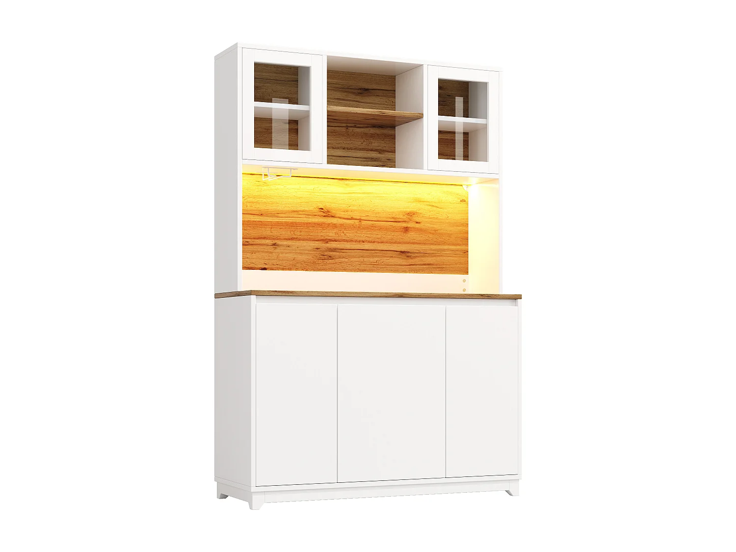 Buffet haut de cuisine - 120 x 40 x 180 cm - avec portes en acrylique + Leds - MDF + métal - blanc