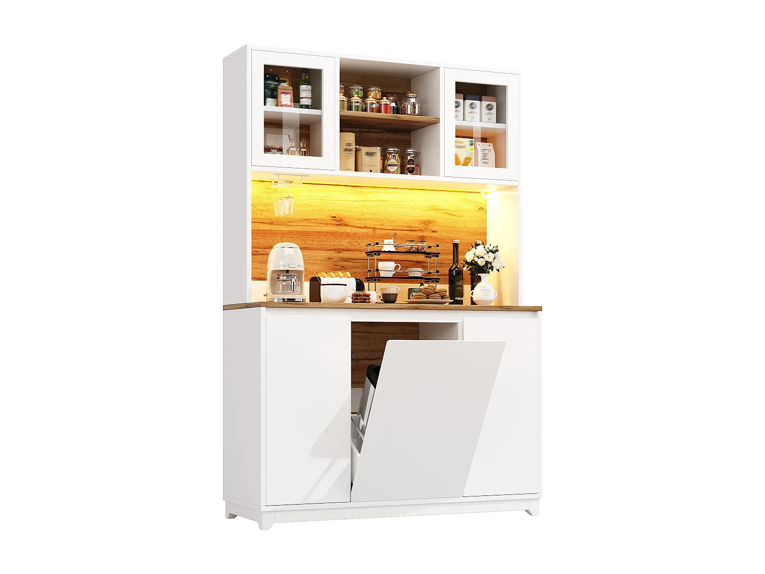 Buffet haut de cuisine - 120 x 40 x 180 cm - avec portes en acrylique + Leds - MDF + métal - blanc