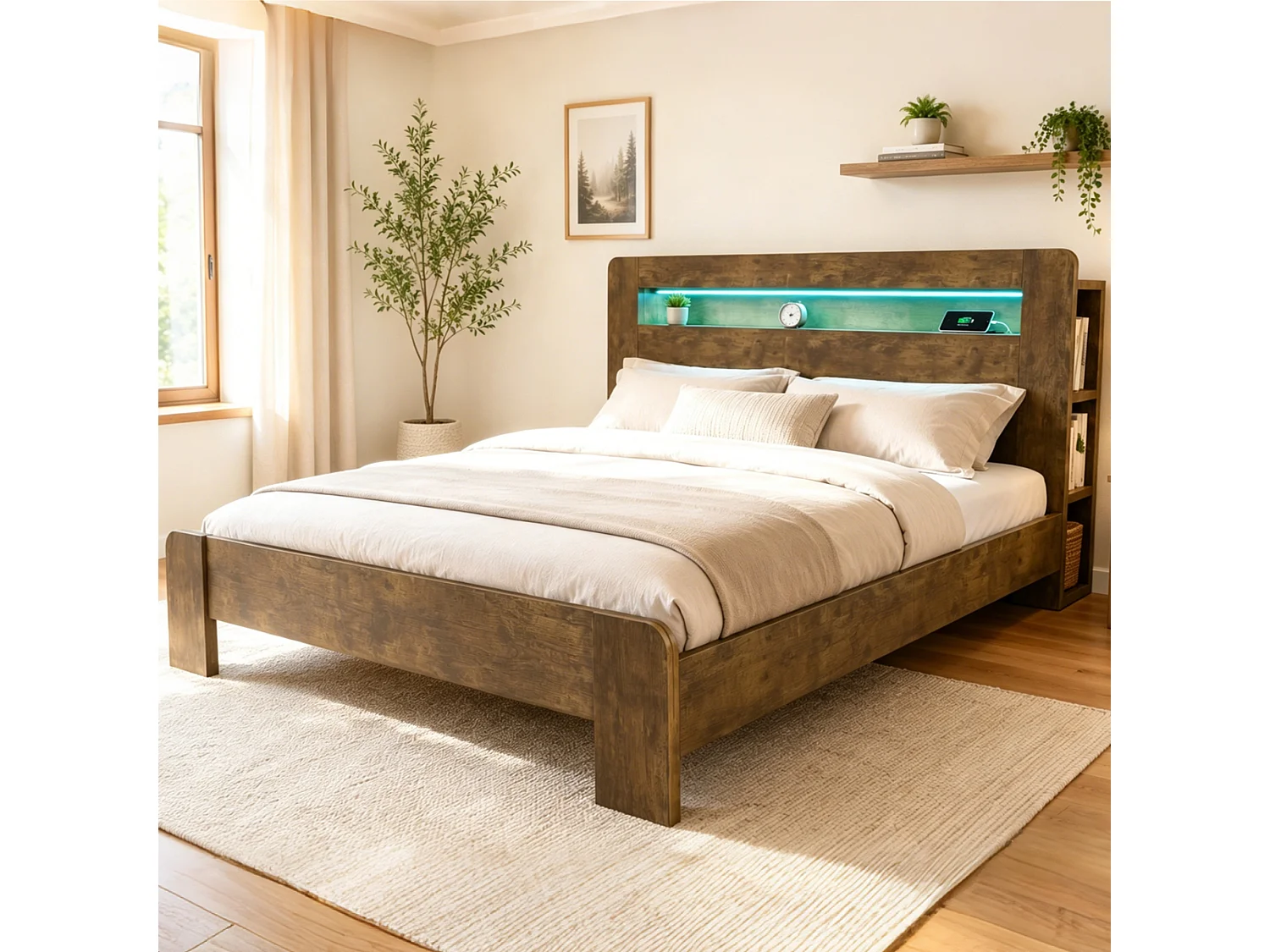 Modernes Holzplattformbett – 180 x 200 cm – mit Stauraum im Kopfteil, LED-Beleuchtung und Steckdosen – Naturholz