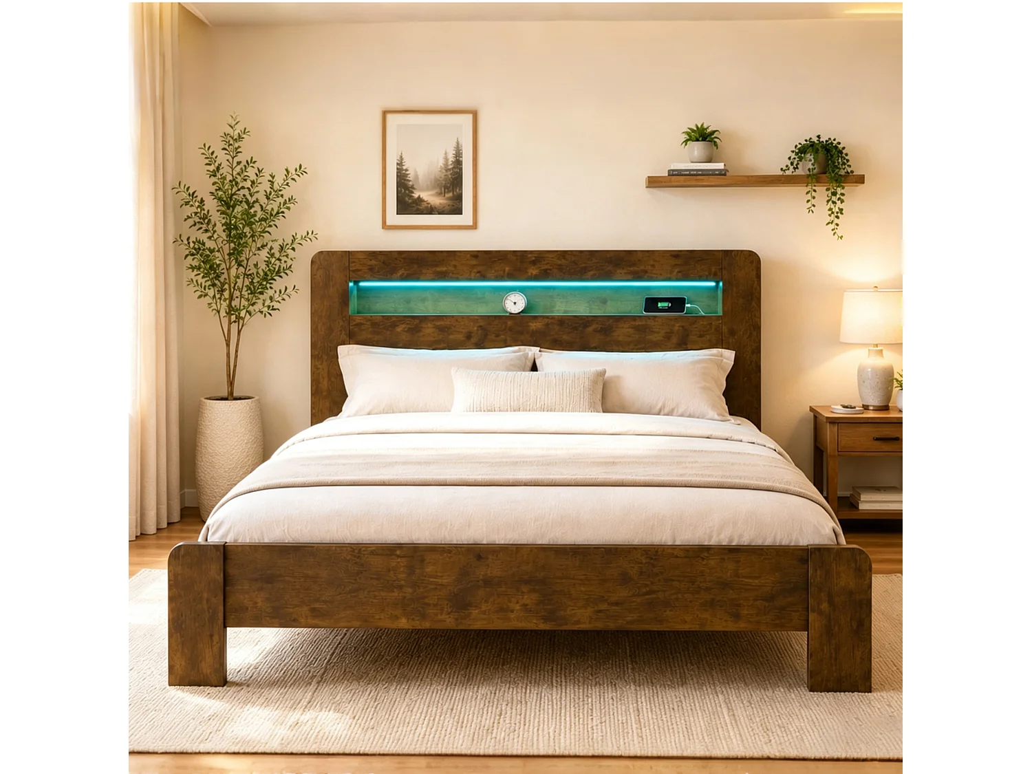 Modernes Holzplattformbett – 180 x 200 cm – mit Stauraum im Kopfteil, LED-Beleuchtung und Steckdosen – Naturholz