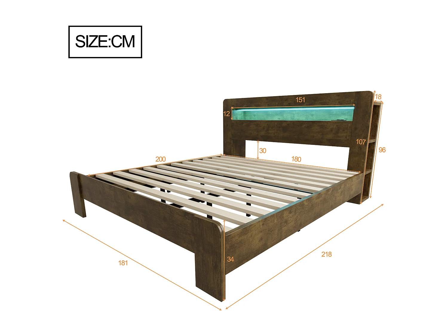 Modernes Holzplattformbett – 180 x 200 cm – mit Stauraum im Kopfteil, LED-Beleuchtung und Steckdosen – Naturholz
