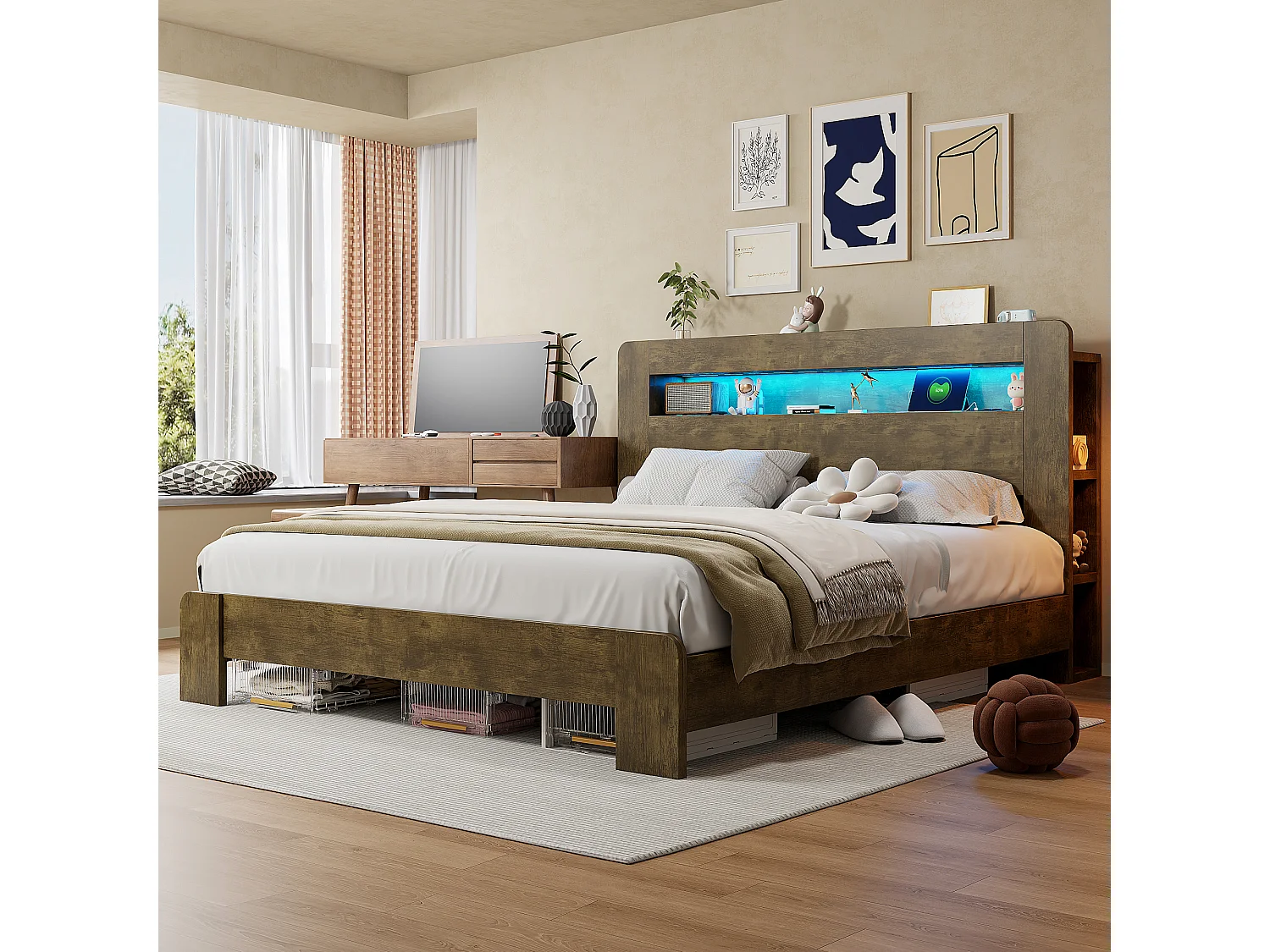 Modernes Holzplattformbett – 180 x 200 cm – mit Stauraum im Kopfteil, LED-Beleuchtung und Steckdosen – Naturholz