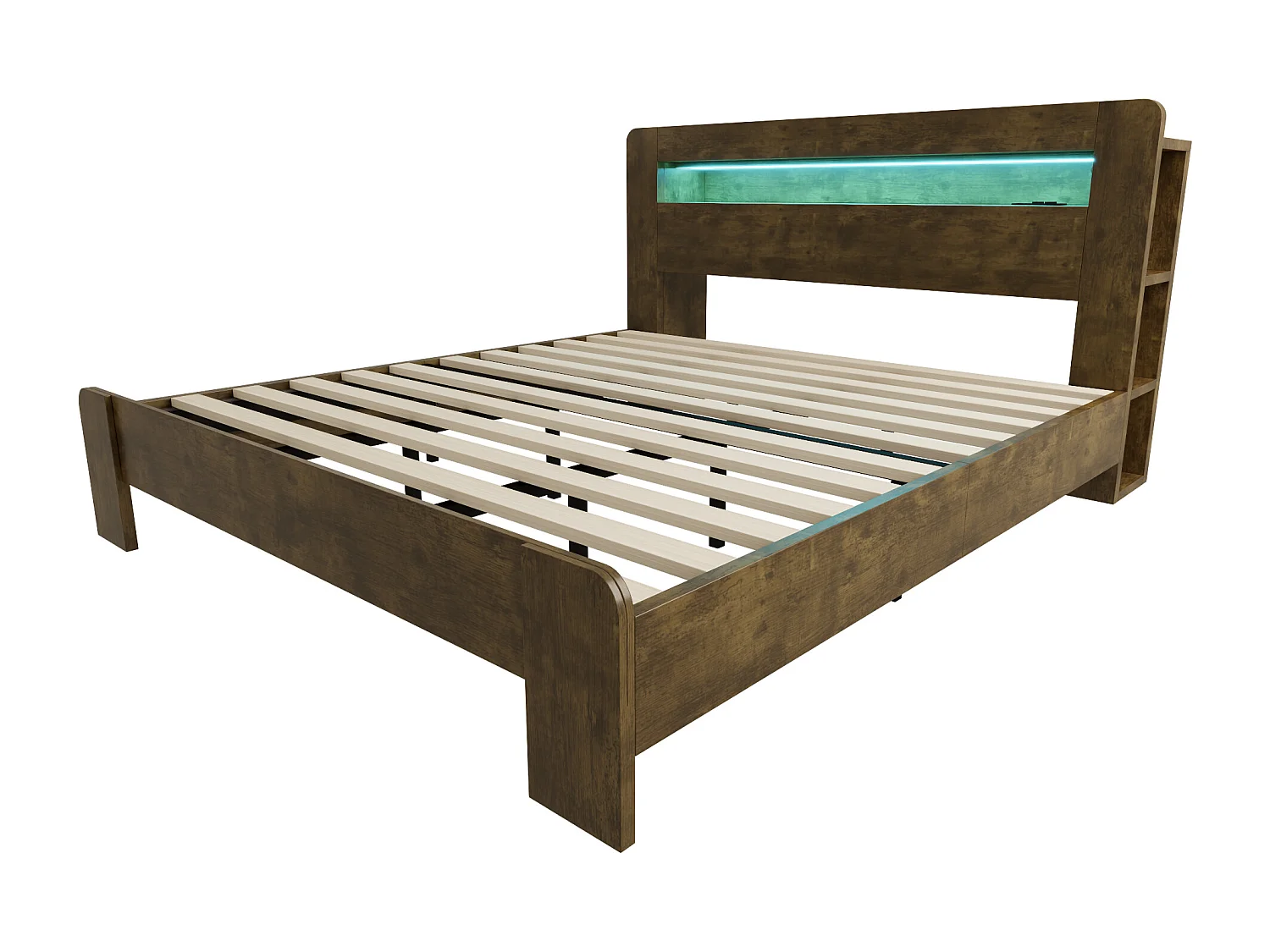Modernes Holzplattformbett – 180 x 200 cm – mit Stauraum im Kopfteil, LED-Beleuchtung und Steckdosen – Naturholz