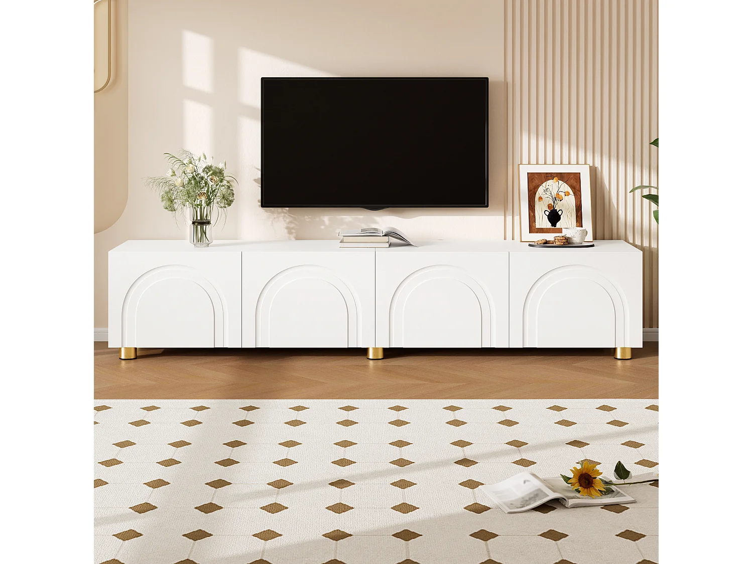 Moderne lage tv-standaard voor de woonkamer - 180 x 35 x 40 cm - met 4 deuren - metalen poten - MDF + spaanplaat - wit
