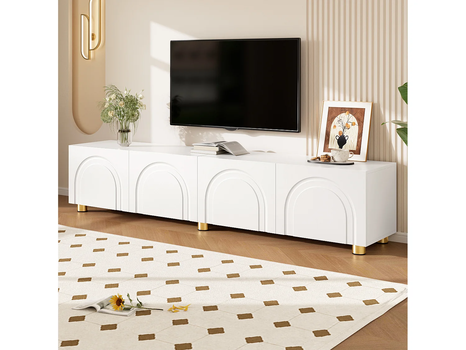 Moderne lage tv-standaard voor de woonkamer - 180 x 35 x 40 cm - met 4 deuren - metalen poten - MDF + spaanplaat - wit