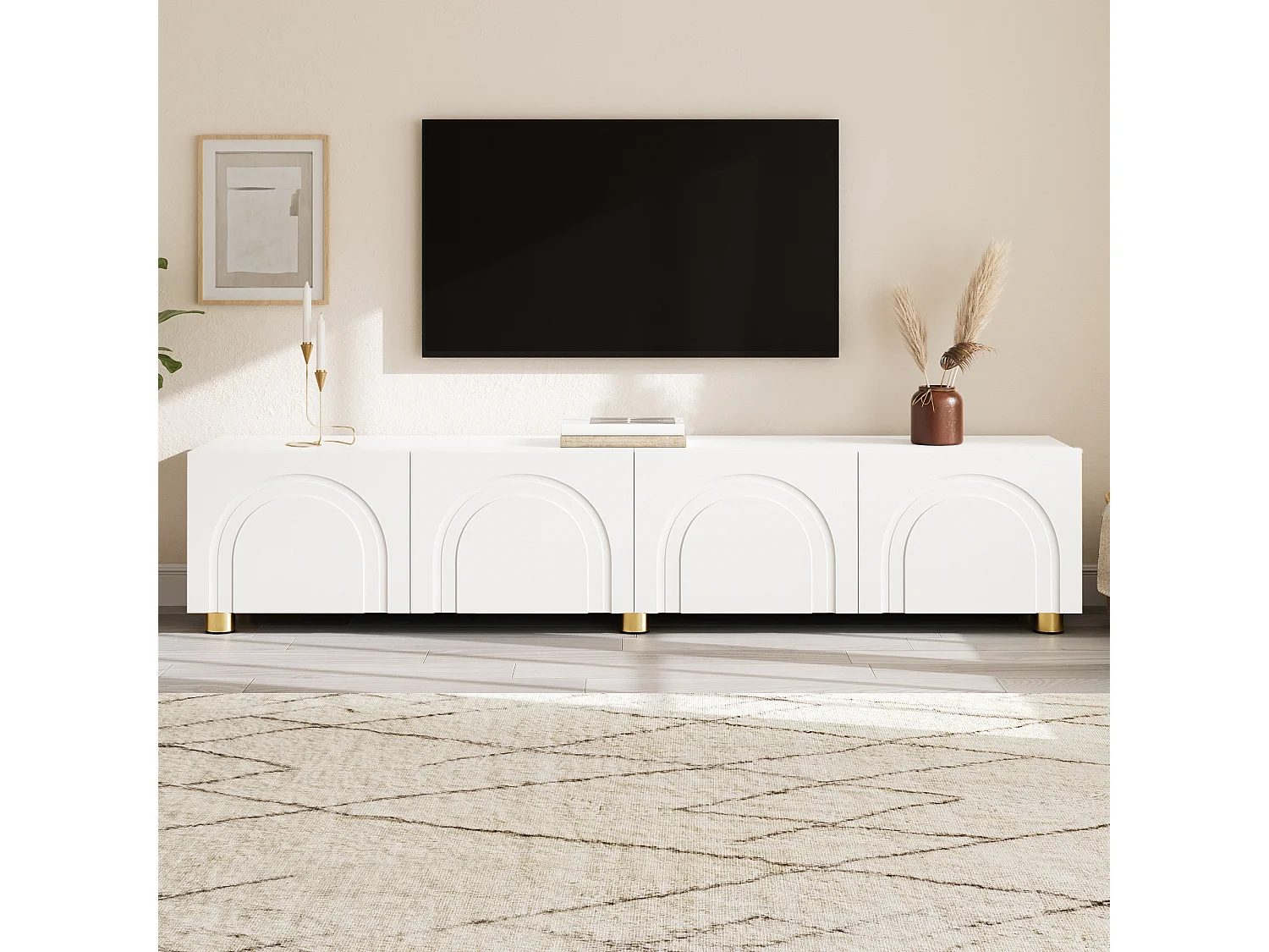 Moderne lage tv-standaard voor de woonkamer - 180 x 35 x 40 cm - met 4 deuren - metalen poten - MDF + spaanplaat - wit