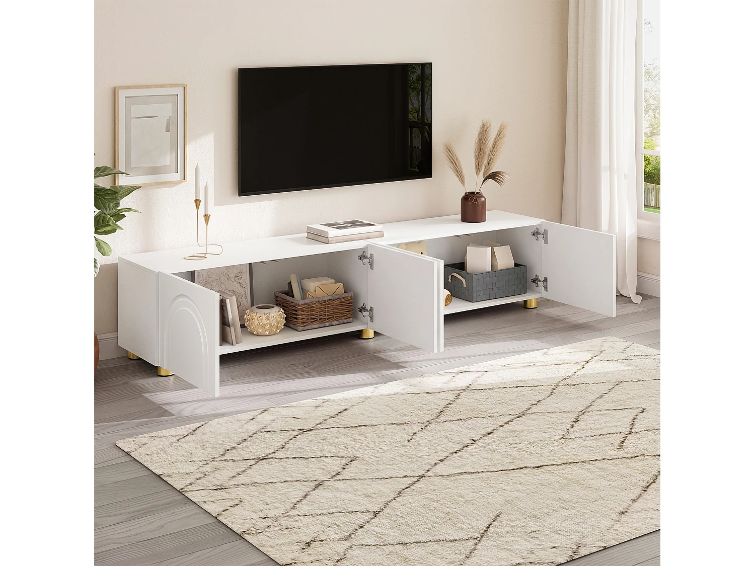 Moderne lage tv-standaard voor de woonkamer - 180 x 35 x 40 cm - met 4 deuren - metalen poten - MDF + spaanplaat - wit