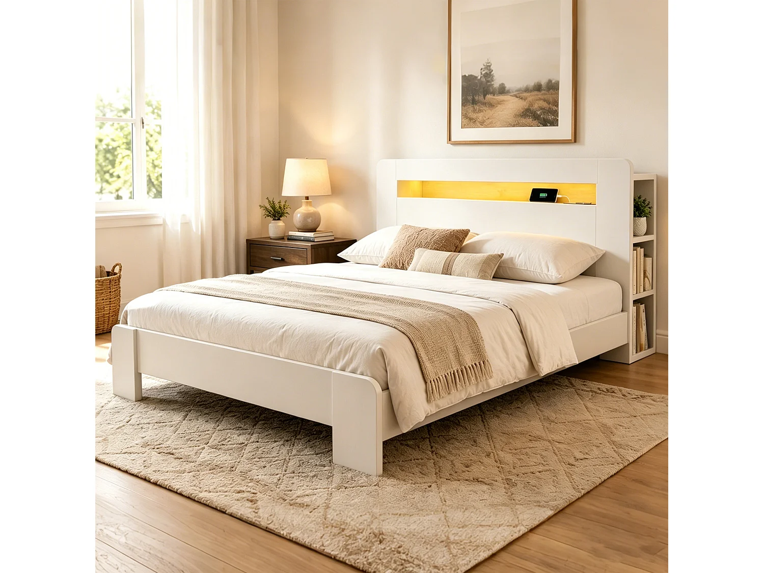 Modernes Holzplattformbett – 140 x 200 cm – mit Stauraum im Kopfteil, LED-Beleuchtung und Steckdosen – weiß
