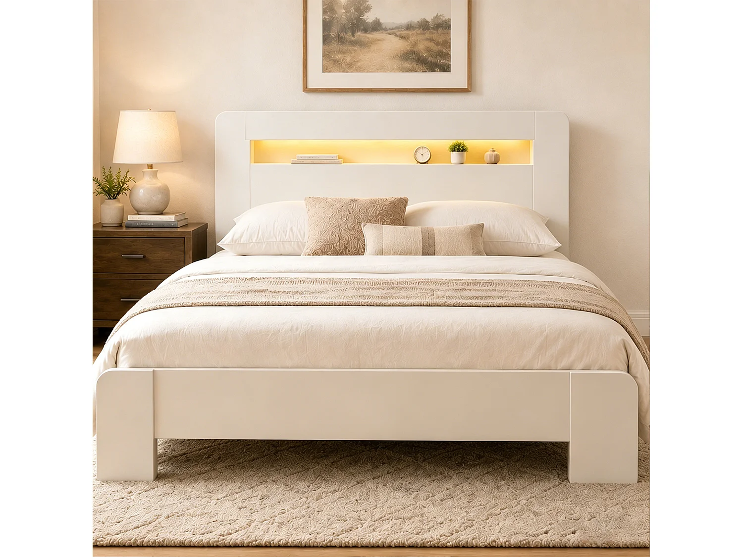 Modernes Holzplattformbett – 140 x 200 cm – mit Stauraum im Kopfteil, LED-Beleuchtung und Steckdosen – weiß