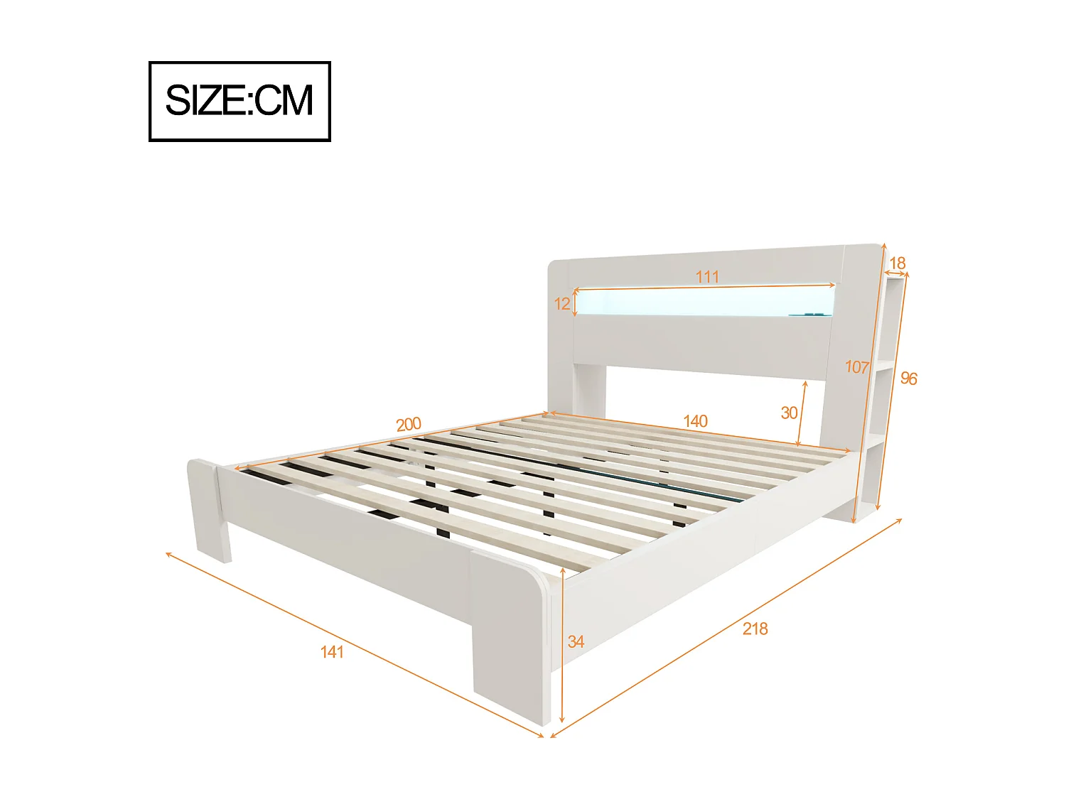 Modernes Holzplattformbett – 140 x 200 cm – mit Stauraum im Kopfteil, LED-Beleuchtung und Steckdosen – weiß