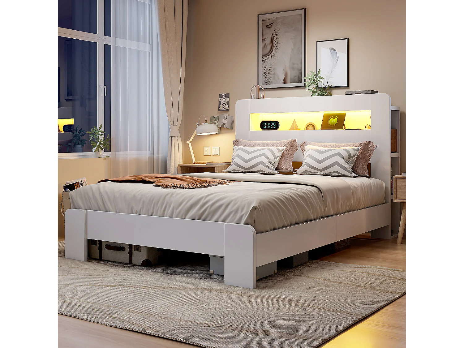 Modernes Holzplattformbett – 140 x 200 cm – mit Stauraum im Kopfteil, LED-Beleuchtung und Steckdosen – weiß
