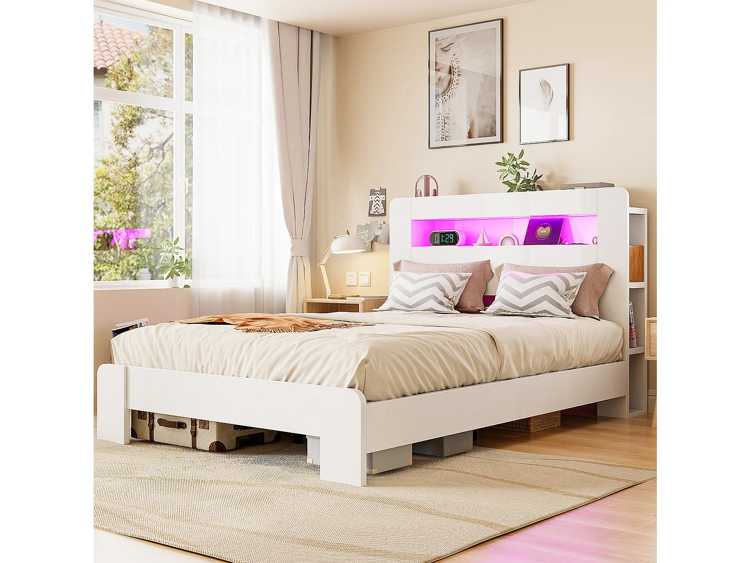 Modernes Holzplattformbett – 140 x 200 cm – mit Stauraum im Kopfteil, LED-Beleuchtung und Steckdosen – weiß