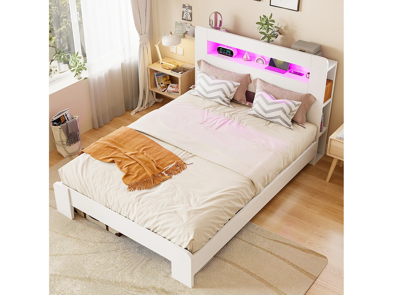 Modernes Holzplattformbett – 140 x 200 cm – mit Stauraum im Kopfteil, LED-Beleuchtung und Steckdosen – weiß