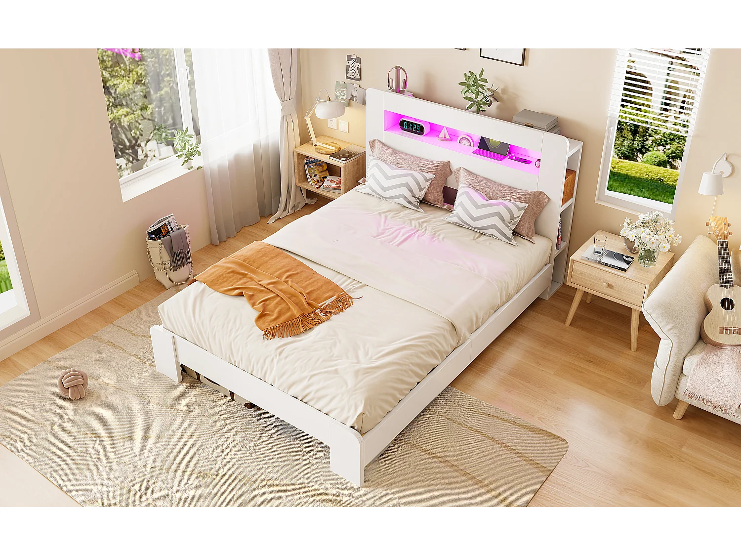 Modernes Holzplattformbett – 140 x 200 cm – mit Stauraum im Kopfteil, LED-Beleuchtung und Steckdosen – weiß