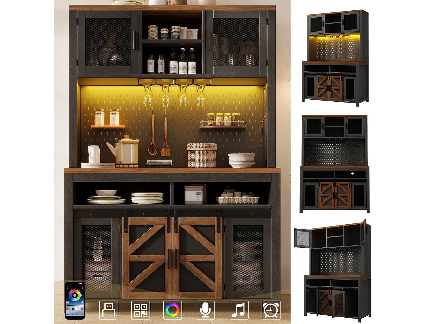 Buffet haut de cuisine - 120 x 40 x 174.5 cm - avec USB + Leds + portes + étagères - MDF - noir