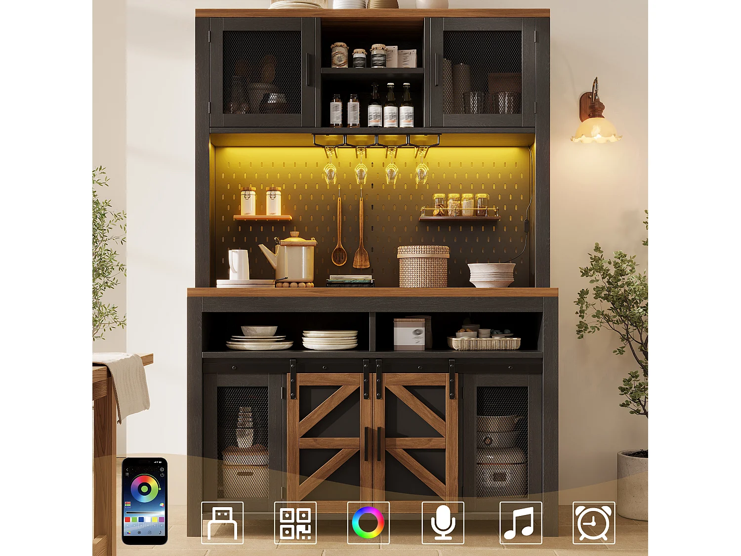 Buffet haut de cuisine - 120 x 40 x 174.5 cm - avec USB + Leds + portes + étagères - MDF - noir