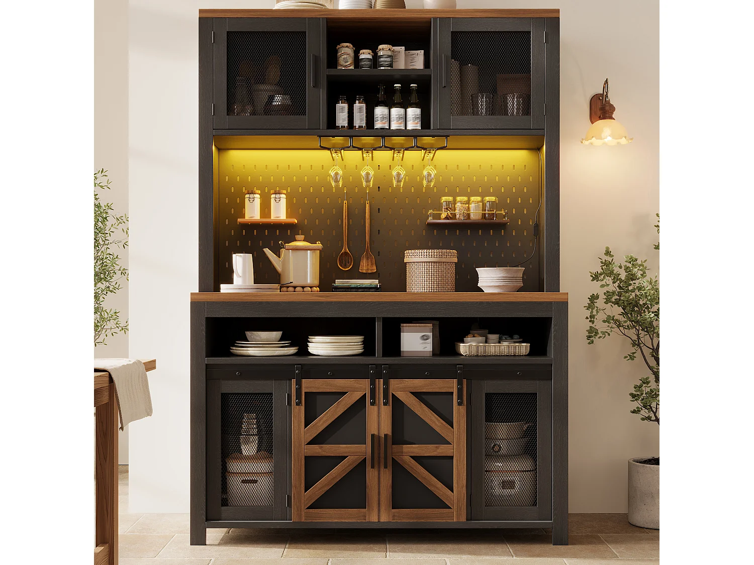 Buffet haut de cuisine - 120 x 40 x 174.5 cm - avec USB + Leds + portes + étagères - MDF - noir