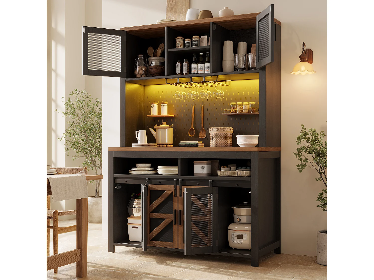 Buffet haut de cuisine - 120 x 40 x 174.5 cm - avec USB + Leds + portes + étagères - MDF - noir