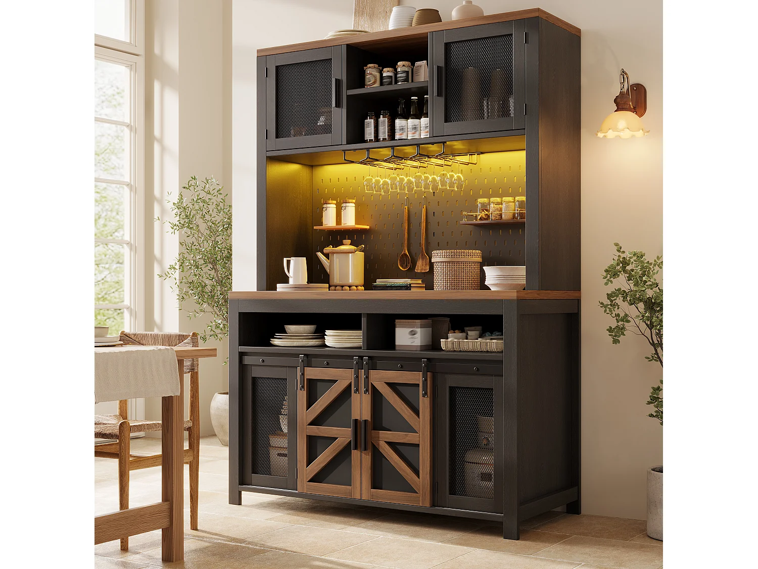 Buffet haut de cuisine - 120 x 40 x 174.5 cm - avec USB + Leds + portes + étagères - MDF - noir