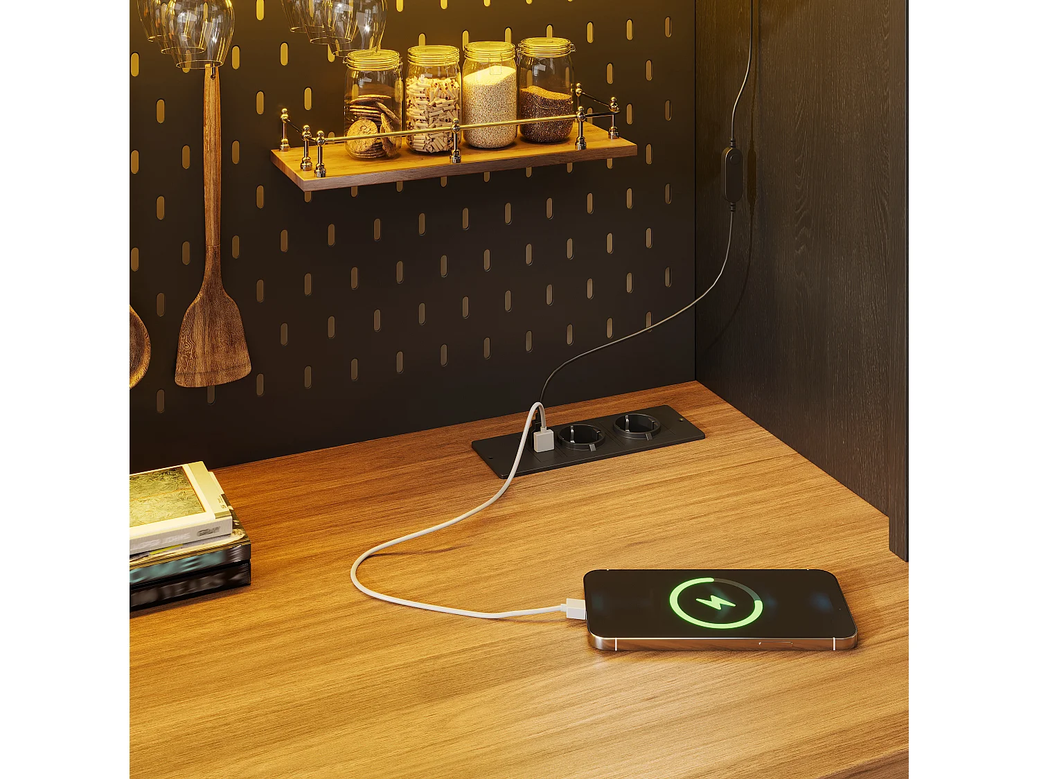 Buffet haut de cuisine - 120 x 40 x 174.5 cm - avec USB + Leds + portes + étagères - MDF - noir