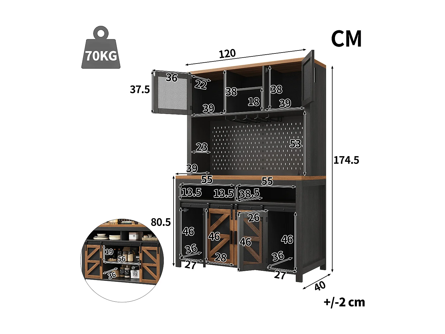 Buffet haut de cuisine - 120 x 40 x 174.5 cm - avec USB + Leds + portes + étagères - MDF - noir