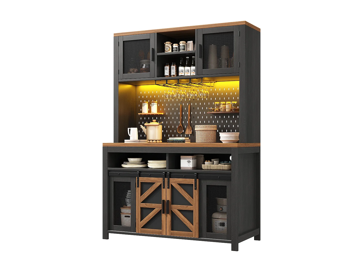 Buffet haut de cuisine - 120 x 40 x 174.5 cm - avec USB + Leds + portes + étagères - MDF - noir