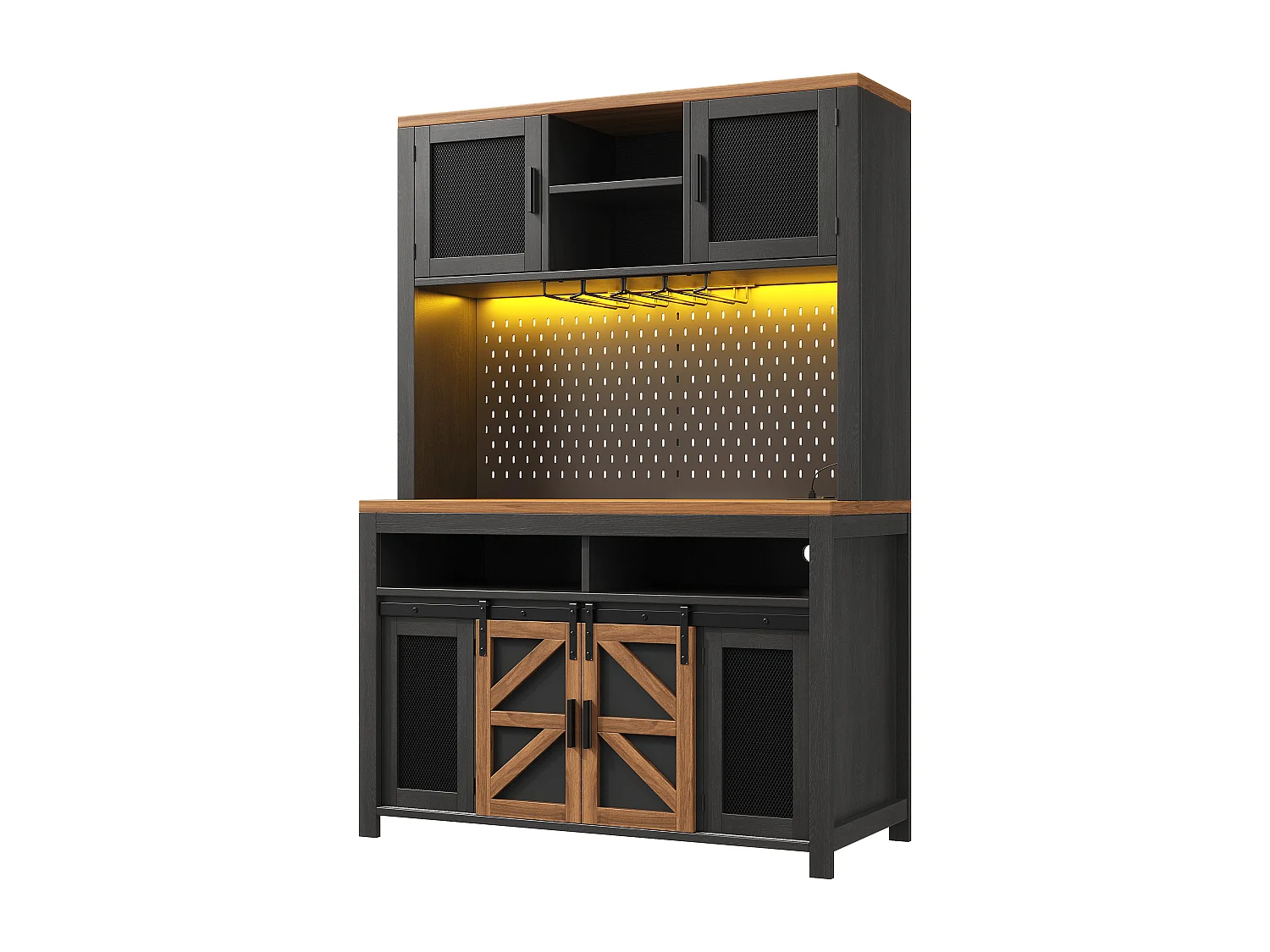 Buffet haut de cuisine - 120 x 40 x 174.5 cm - avec USB + Leds + portes + étagères - MDF - noir