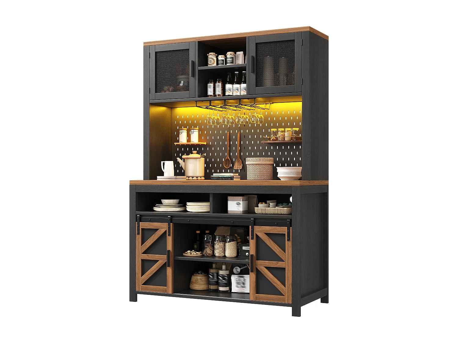 Buffet haut de cuisine - 120 x 40 x 174.5 cm - avec USB + Leds + portes + étagères - MDF - noir