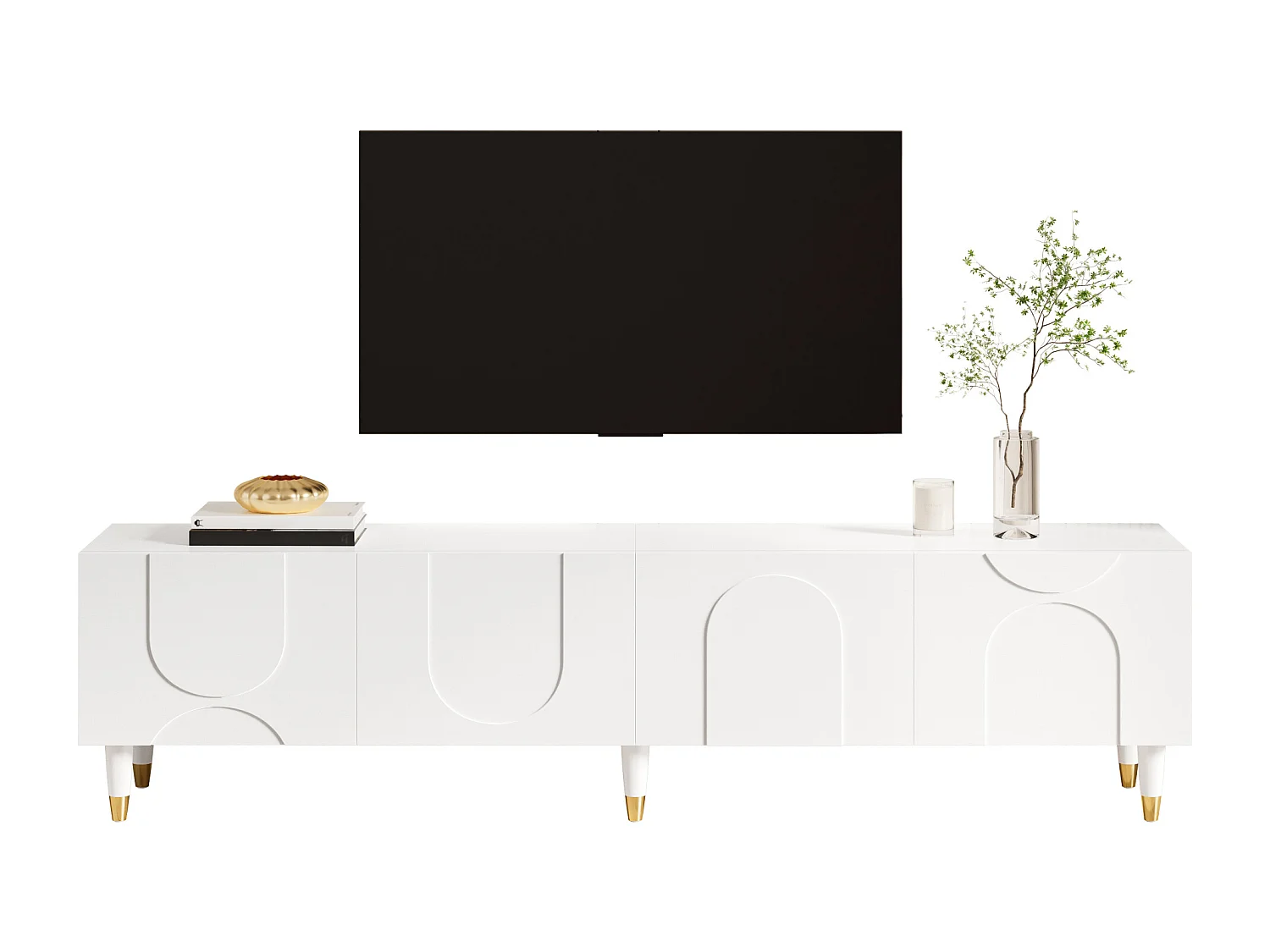 Meuble TV de salon - 180 x 40 x 50 cm - avec 4 portes + moulures asymétriques en arc - MDF + aggloméré - blanc