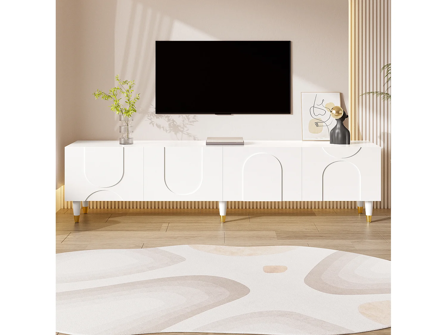 Meuble TV de salon - 180 x 40 x 50 cm - avec 4 portes + moulures asymétriques en arc - MDF + aggloméré - blanc