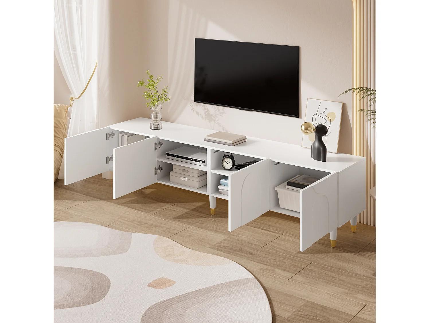 Meuble TV de salon - 180 x 40 x 50 cm - avec 4 portes + moulures asymétriques en arc - MDF + aggloméré - blanc