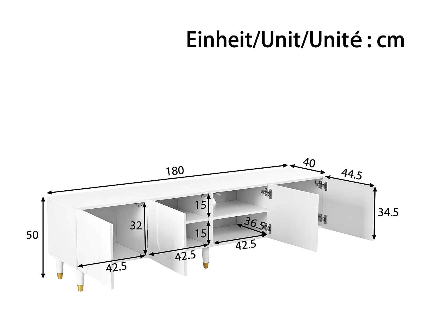 Meuble TV de salon - 180 x 40 x 50 cm - avec 4 portes + moulures asymétriques en arc - MDF + aggloméré - blanc