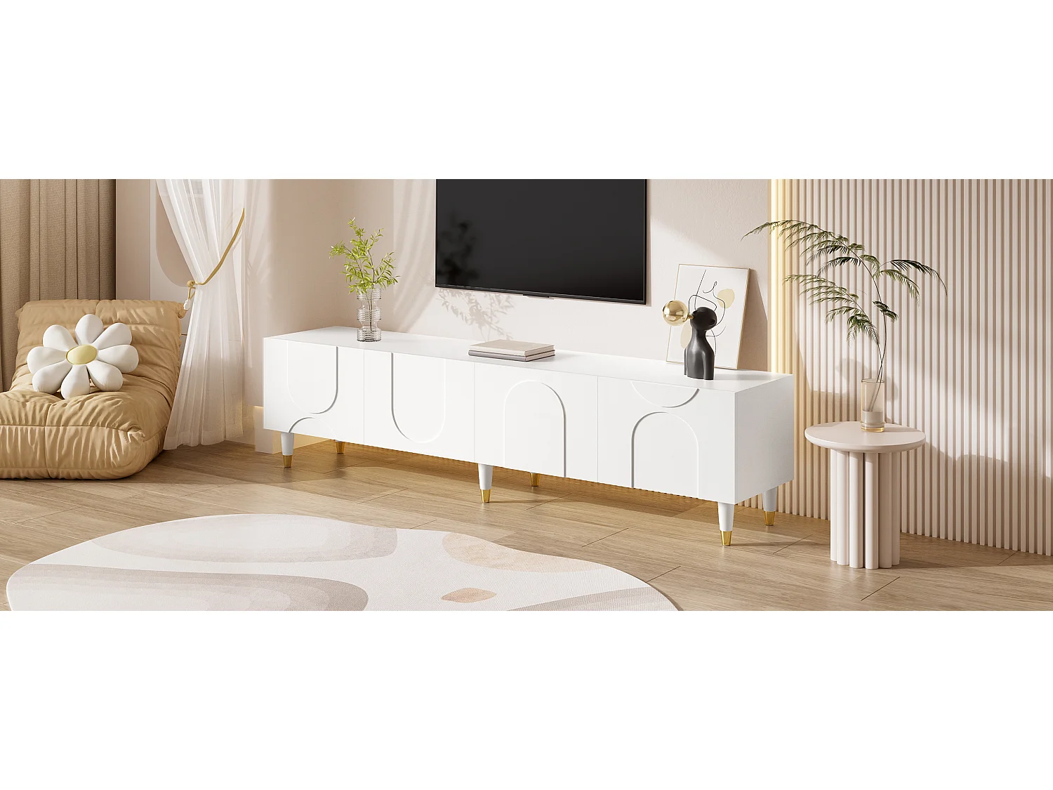 Meuble TV de salon - 180 x 40 x 50 cm - avec 4 portes + moulures asymétriques en arc - MDF + aggloméré - blanc