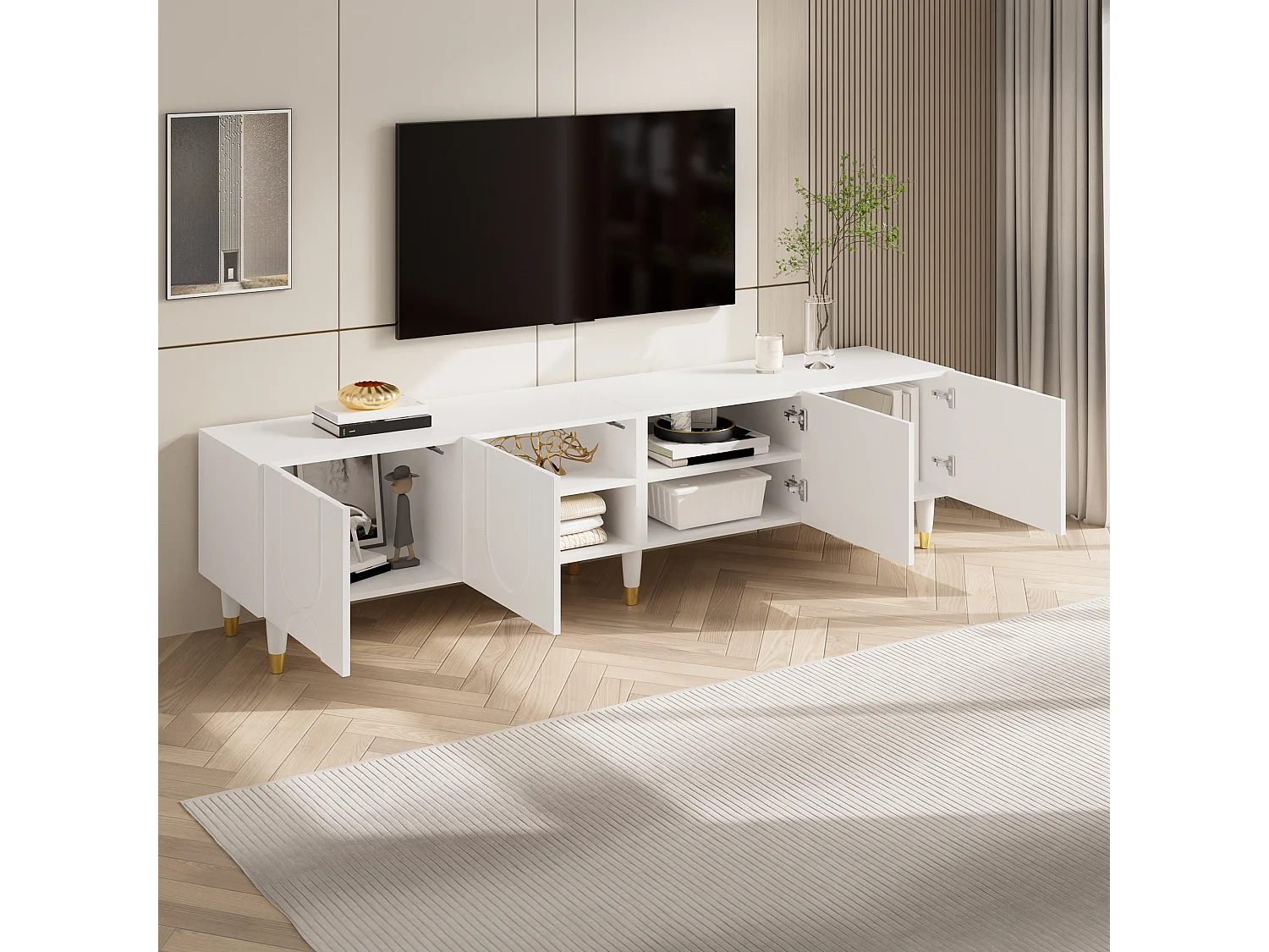 Meuble TV de salon - 180 x 40 x 50 cm - avec 4 portes + moulures asymétriques en arc - MDF + aggloméré - blanc