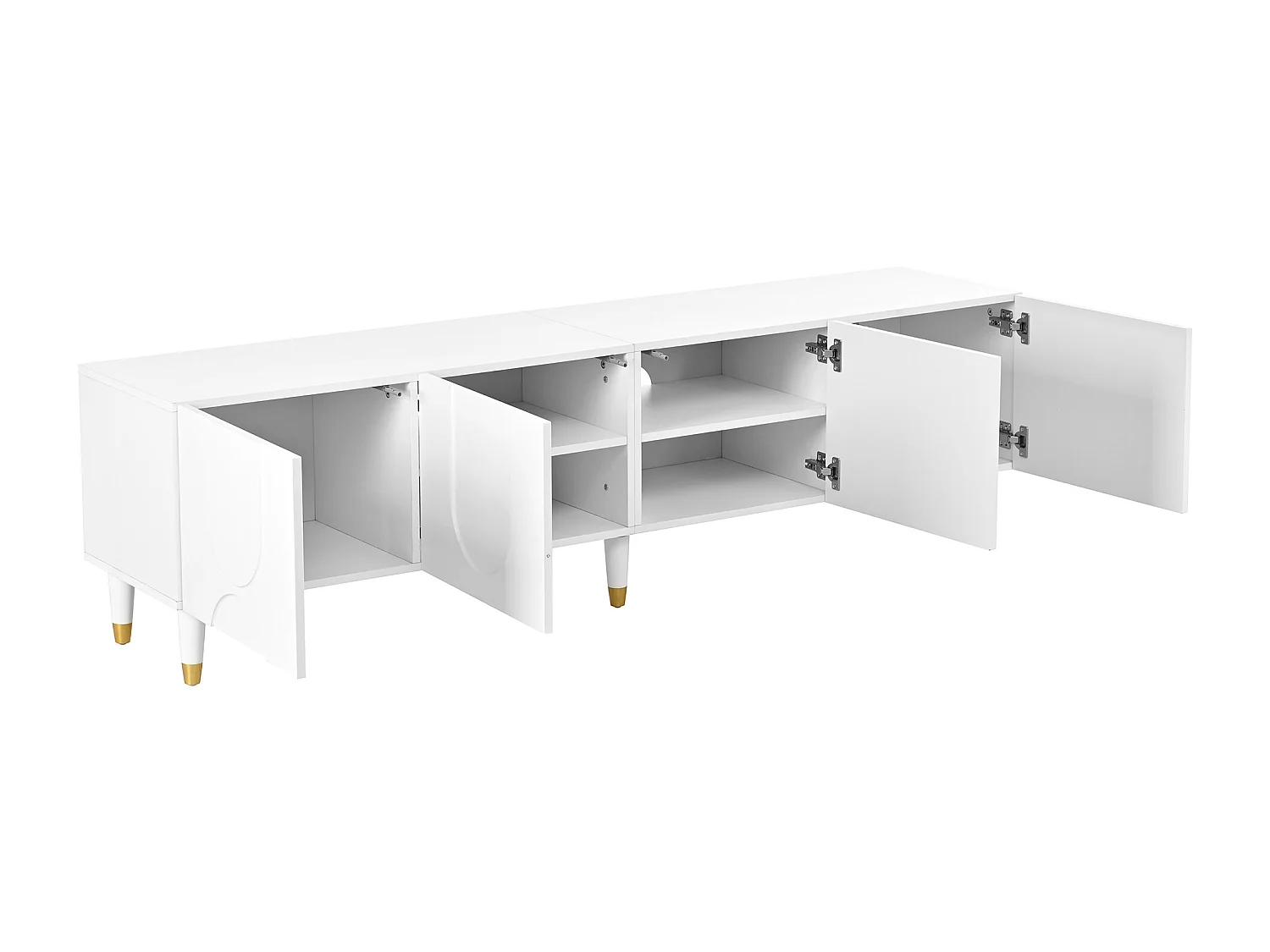 Meuble TV de salon - 180 x 40 x 50 cm - avec 4 portes + moulures asymétriques en arc - MDF + aggloméré - blanc