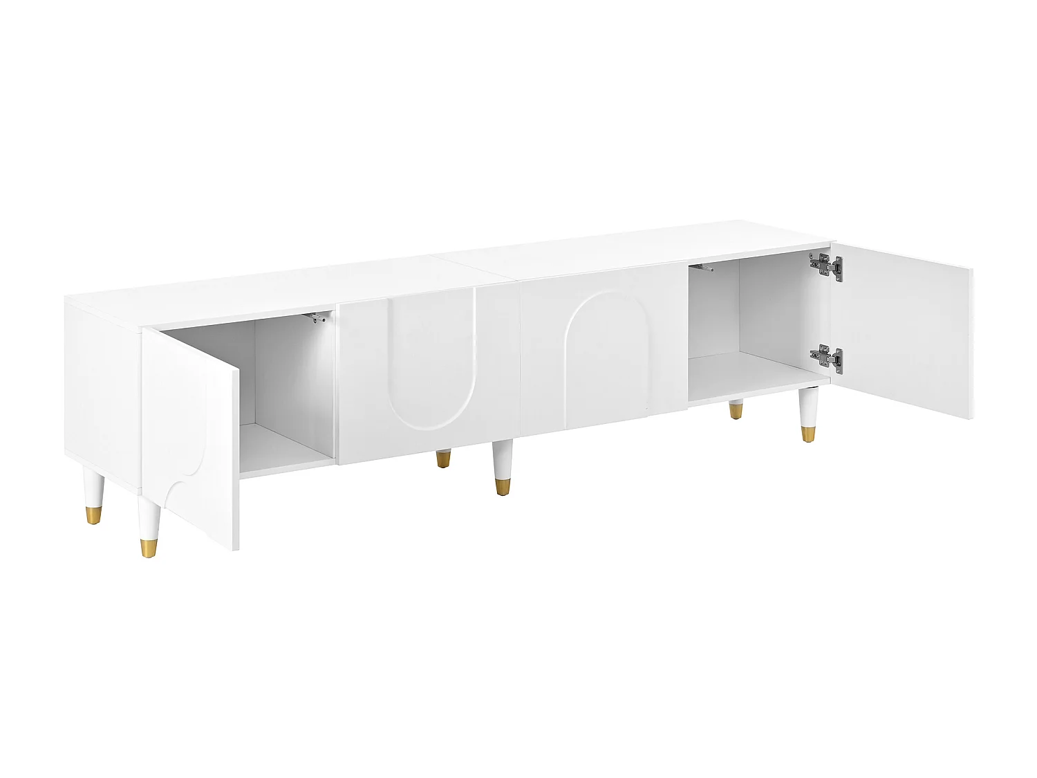 Meuble TV de salon - 180 x 40 x 50 cm - avec 4 portes + moulures asymétriques en arc - MDF + aggloméré - blanc